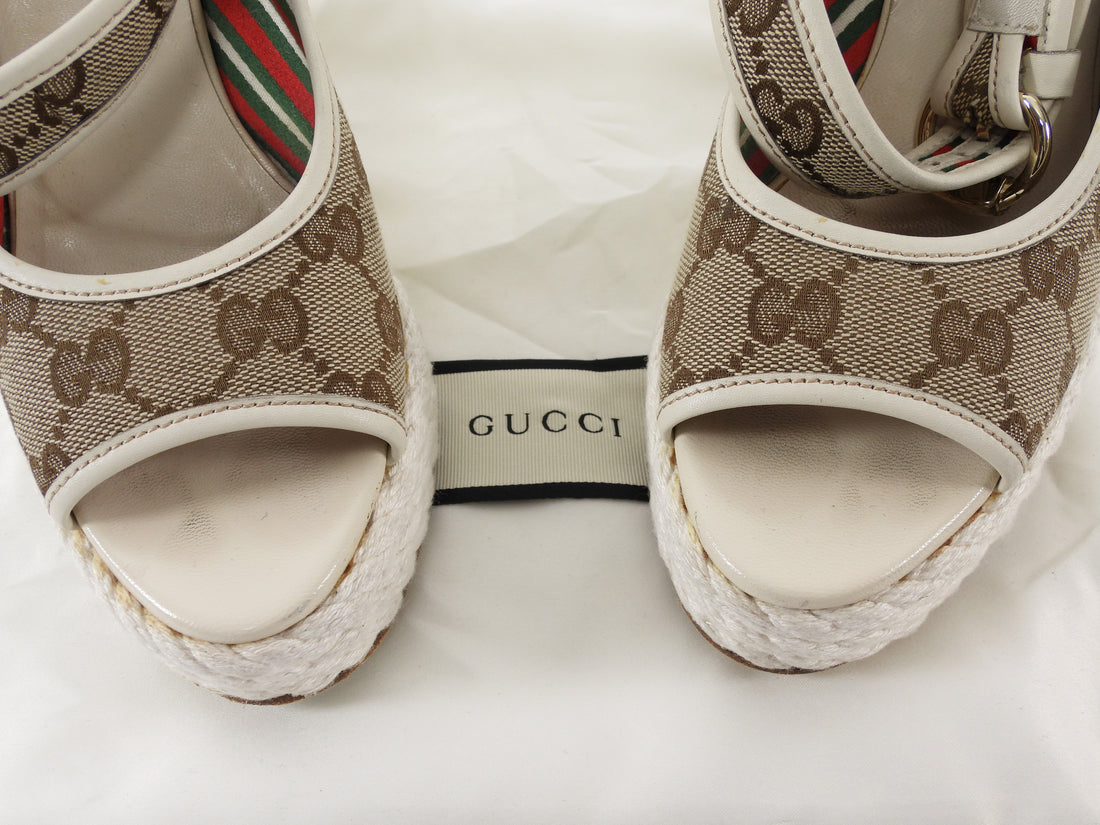 Gucci White Beige Monogram Canvas Rope Wedge Sandals - 36