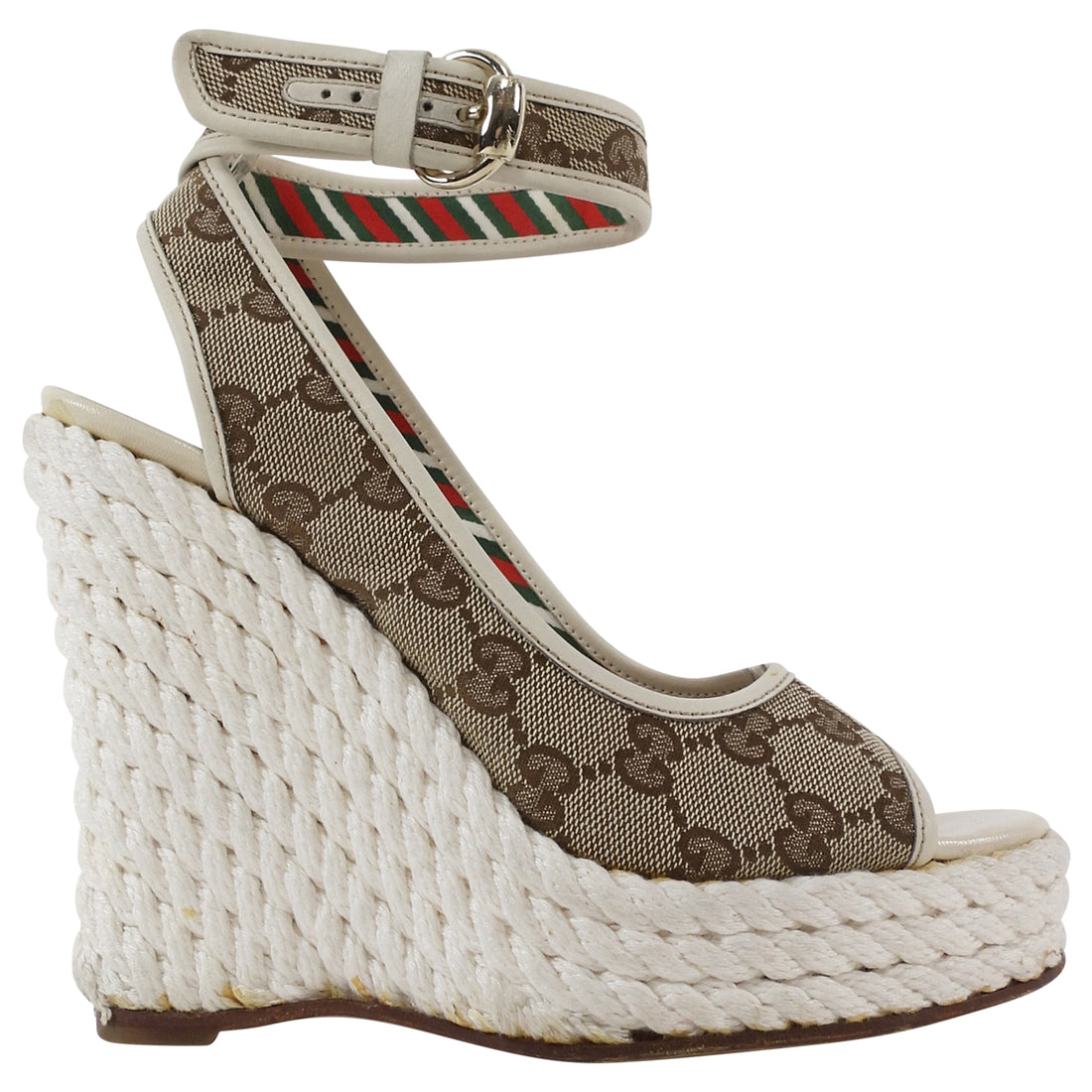 Gucci White Beige Monogram Canvas Rope Wedge Sandals - 36