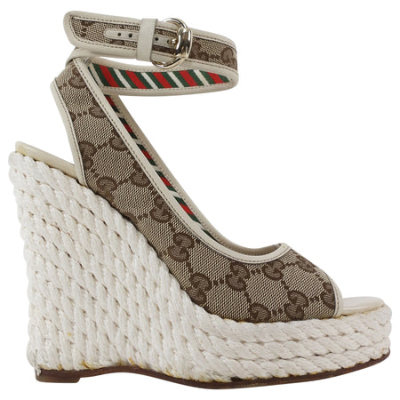 Gucci White Beige Monogram Canvas Rope Wedge Sandals - 36