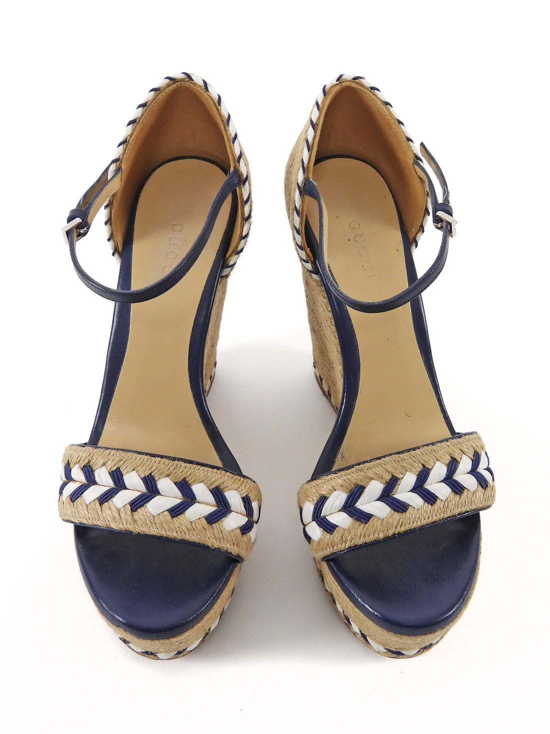 Gucci Navy White Beige Raffia Espadrille Wedge Sandals - 36