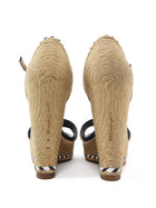 Gucci Navy White Beige Raffia Espadrille Wedge Sandals - 36