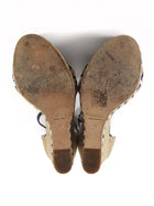 Gucci Navy White Beige Raffia Espadrille Wedge Sandals - 36