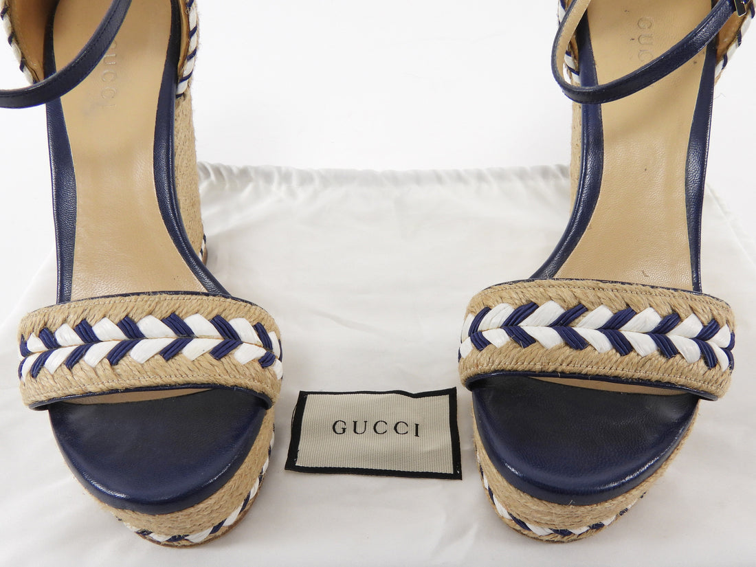 Gucci Navy White Beige Raffia Espadrille Wedge Sandals - 36