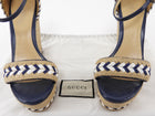 Gucci Navy White Beige Raffia Espadrille Wedge Sandals - 36