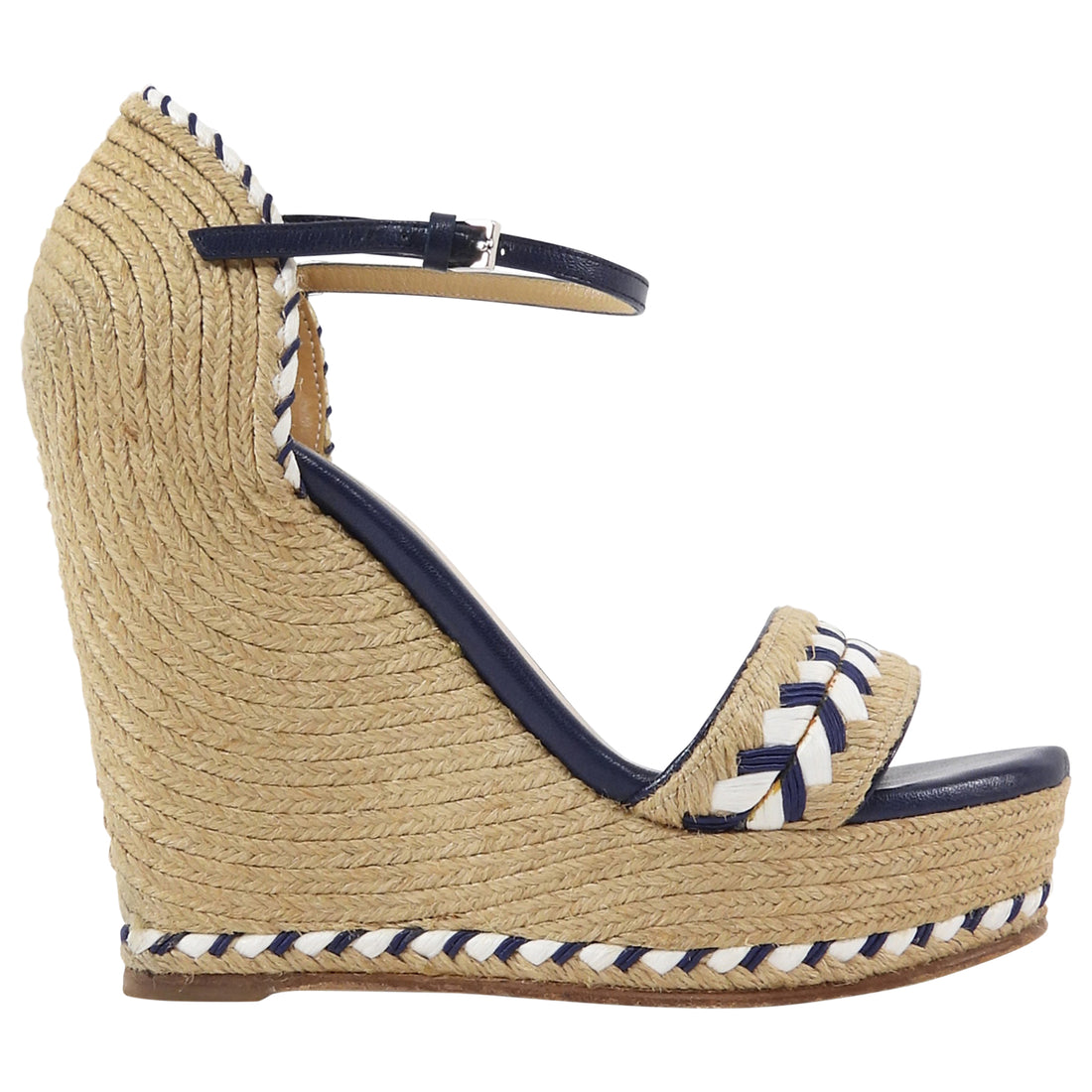 Gucci Navy White Beige Raffia Espadrille Wedge Sandals - 36