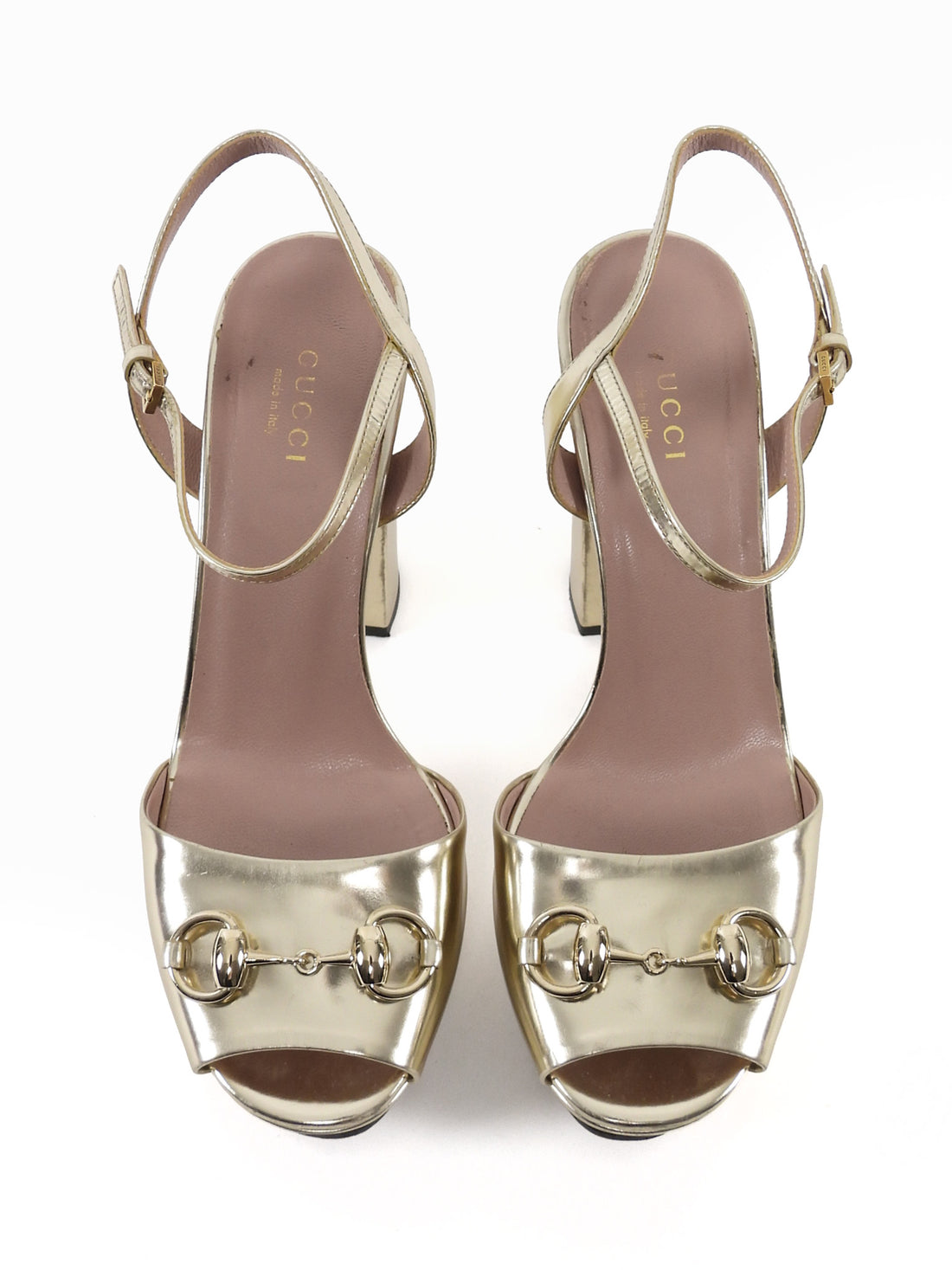Gucci Light Gold Tone Metallic Leather Horsebit Platform Block Heel Sandals - 36