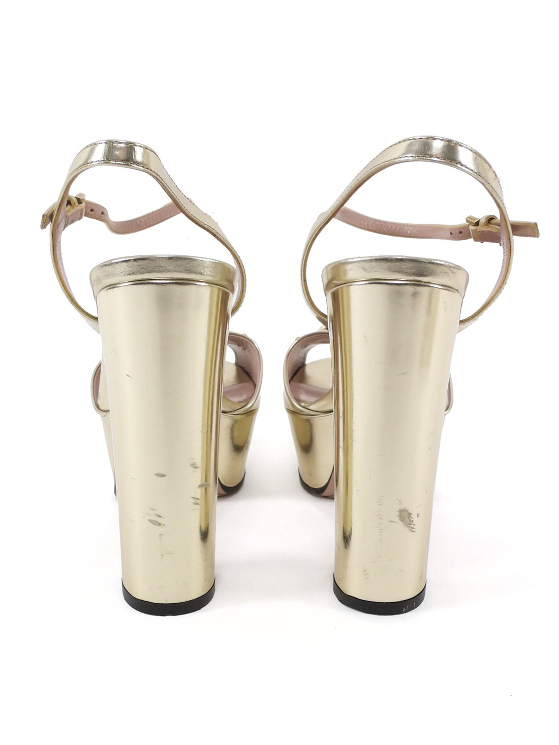 Gucci Light Gold Tone Metallic Leather Horsebit Platform Block Heel Sandals - 36