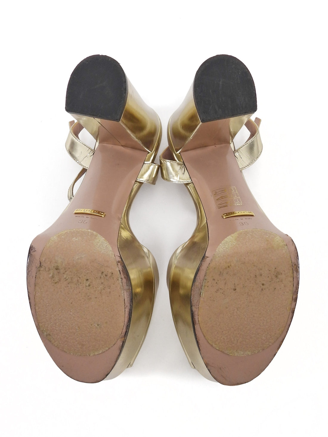 Gucci Light Gold Tone Metallic Leather Horsebit Platform Block Heel Sandals - 36