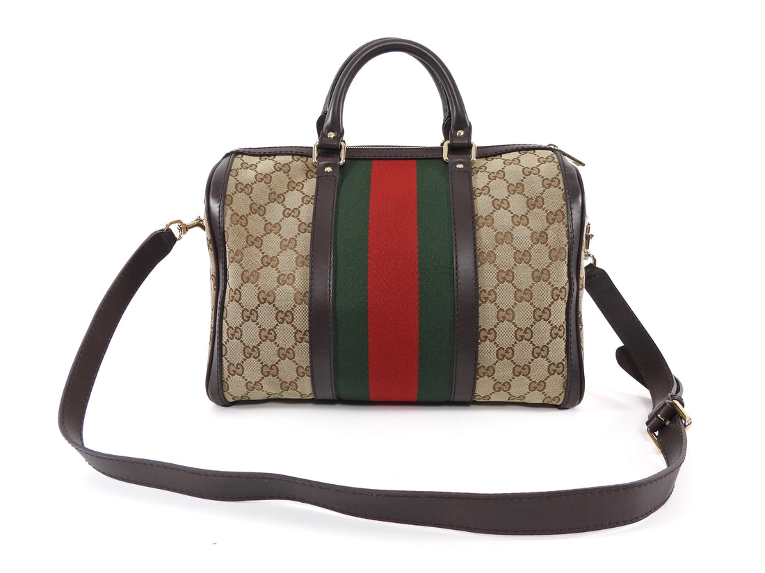 Gucci Beige Red Green GG Supreme Monogram Canvas Web Medium Boston Bag