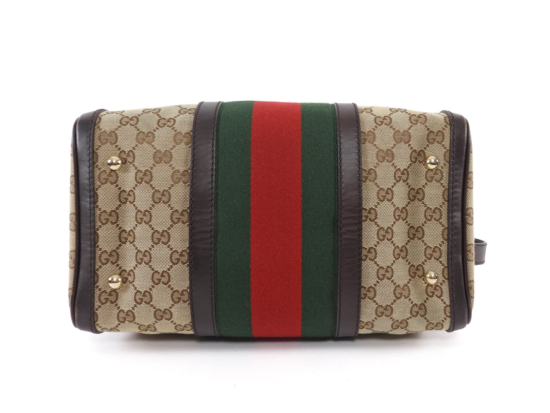 Gucci Beige Red Green GG Supreme Monogram Canvas Web Medium Boston Bag
