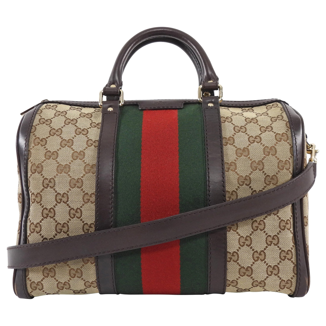 Gucci Beige Red Green GG Supreme Monogram Canvas Web Medium Boston Bag