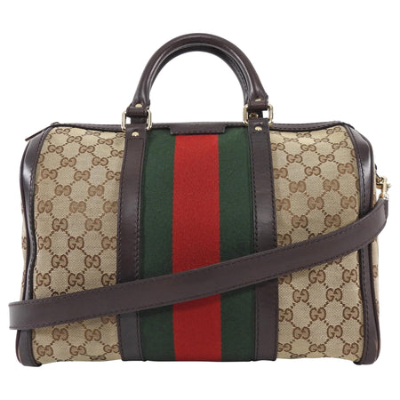 Gucci Beige Red Green GG Supreme Monogram Canvas Web Medium Boston Bag