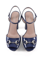 Gucci Navy Shiny Leather Horsebit Platform Block Heel Sandals - 36