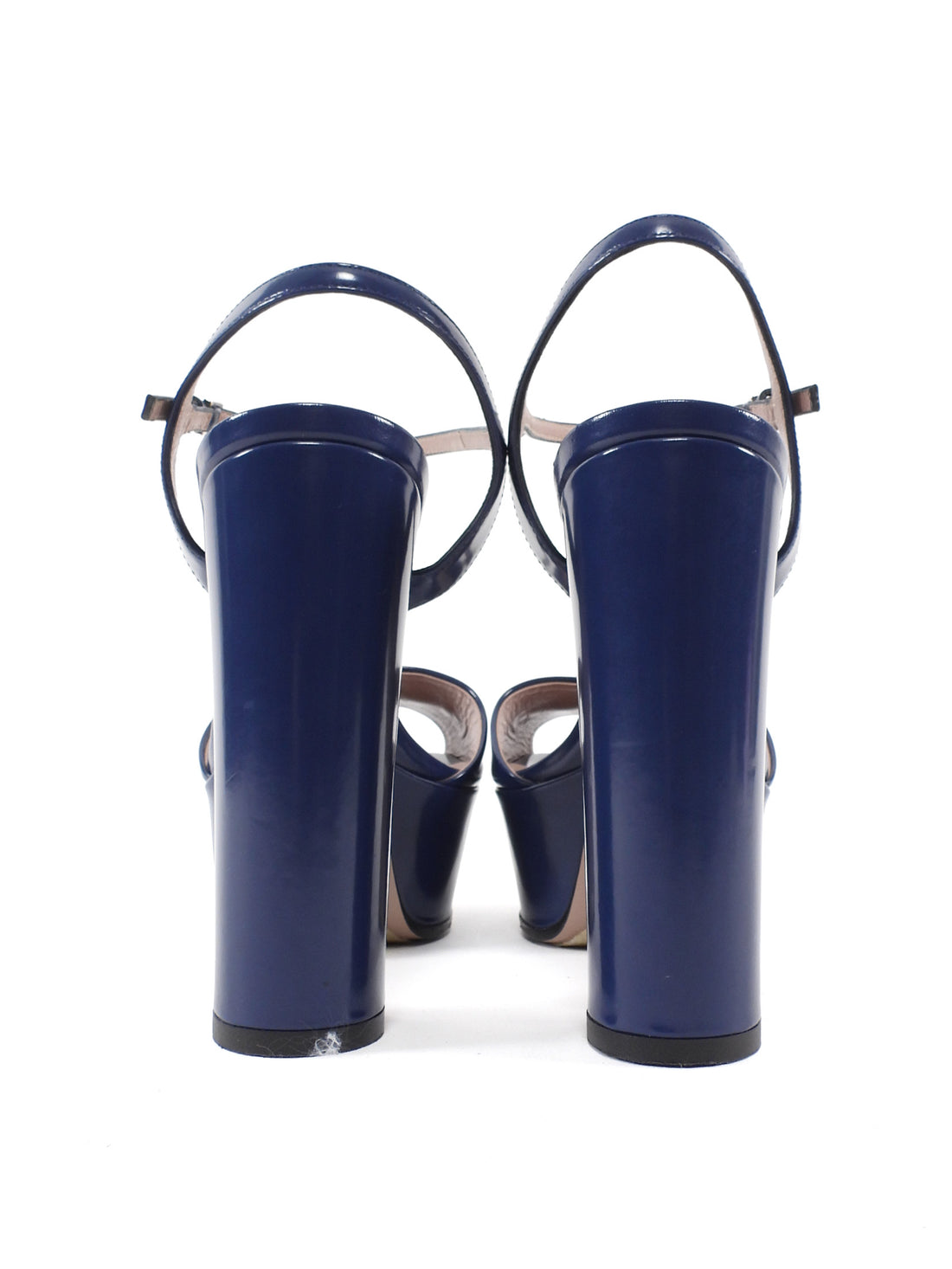 Gucci Navy Shiny Leather Horsebit Platform Block Heel Sandals - 36