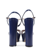 Gucci Navy Shiny Leather Horsebit Platform Block Heel Sandals - 36