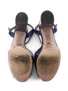 Gucci Navy Shiny Leather Horsebit Platform Block Heel Sandals - 36