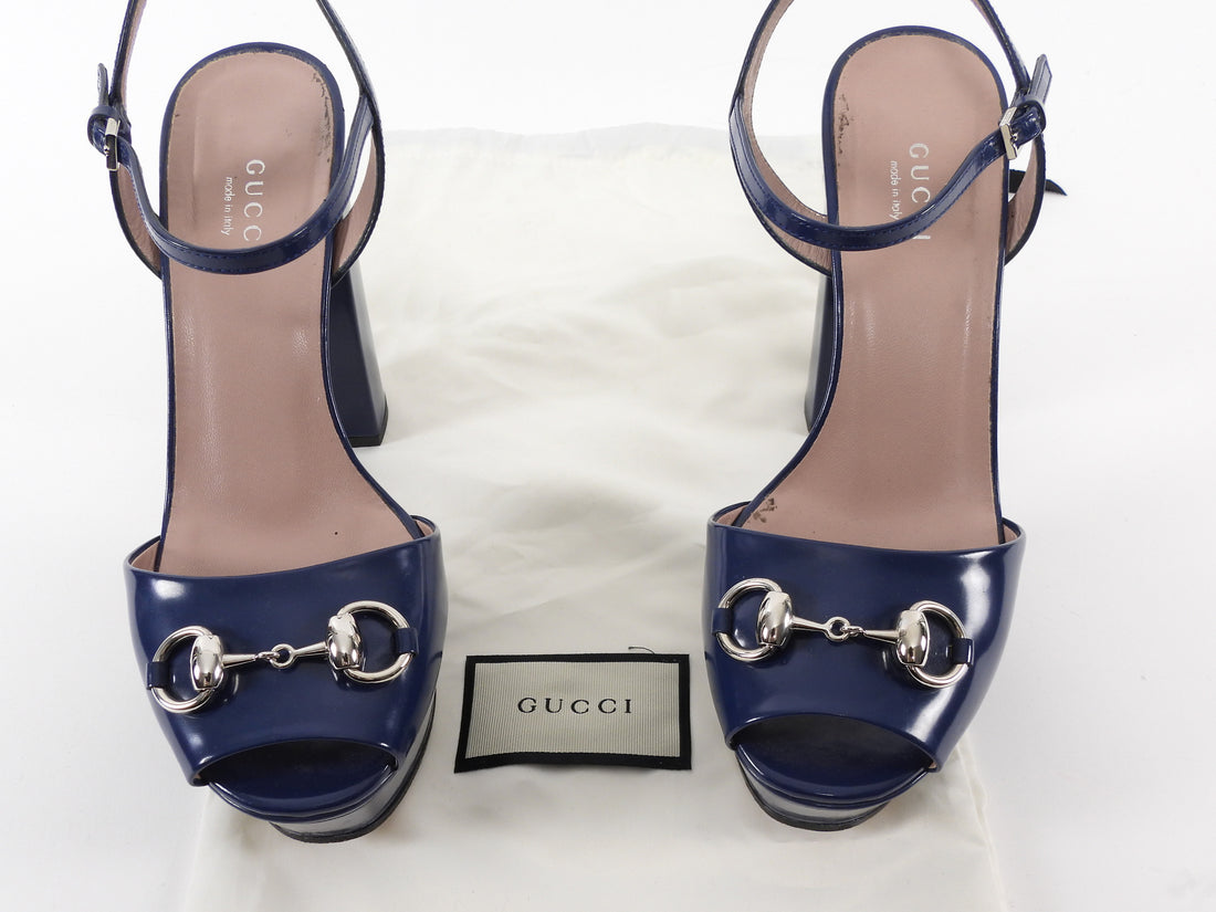Gucci Navy Shiny Leather Horsebit Platform Block Heel Sandals - 36
