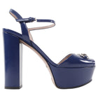 Gucci Navy Shiny Leather Horsebit Platform Block Heel Sandals - 36