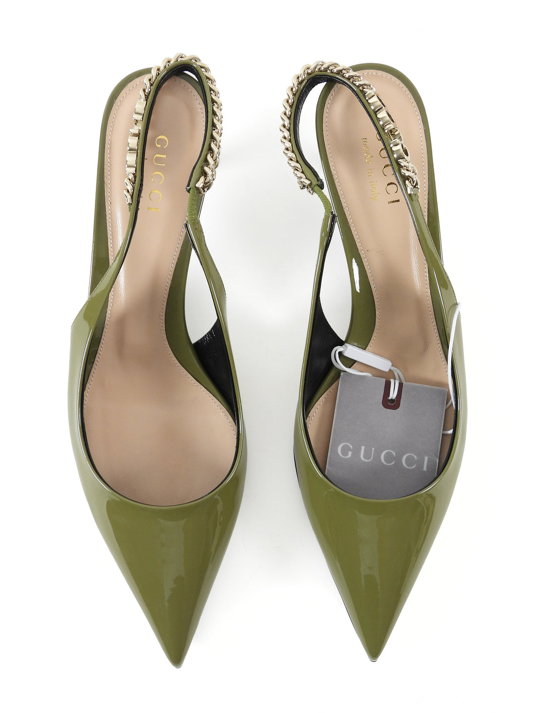 Gucci Green Patent Chain Slingback Pointed Kitten Heels - 39.5