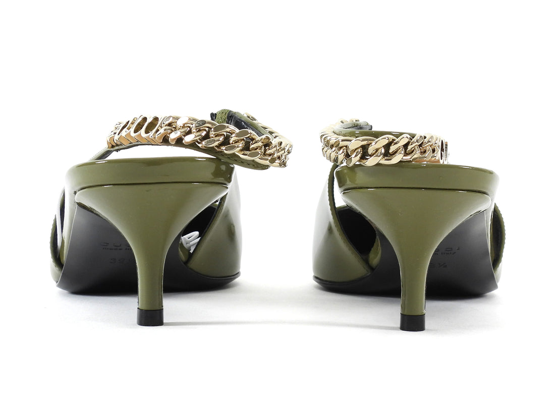 Gucci Green Patent Chain Slingback Pointed Kitten Heels - 39.5