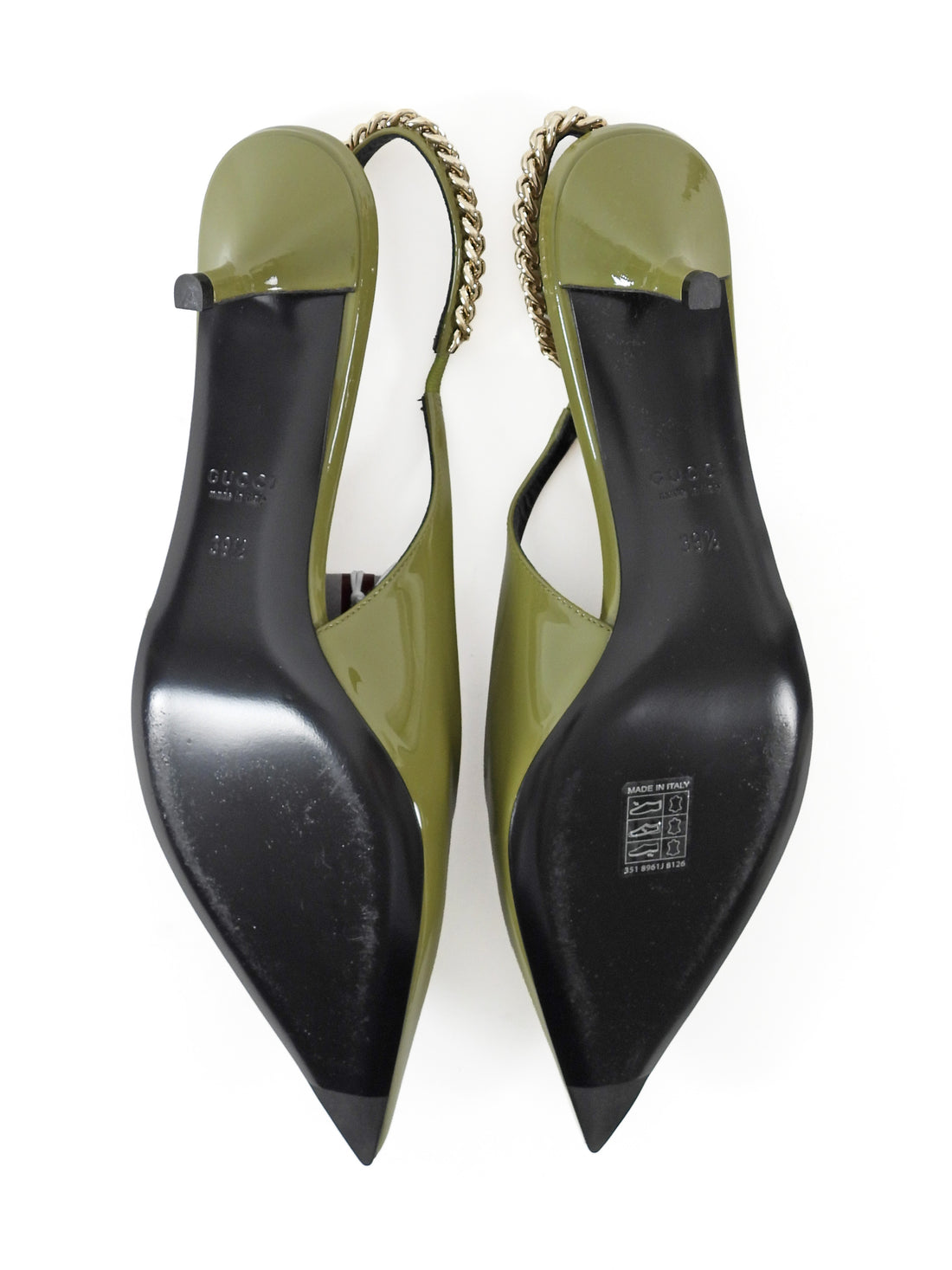 Gucci Green Patent Chain Slingback Pointed Kitten Heels - 39.5