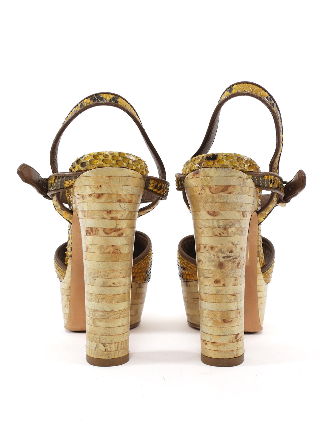 Gucci Yellow Python Stacked Wood Platform Block Heel Sandals - 36