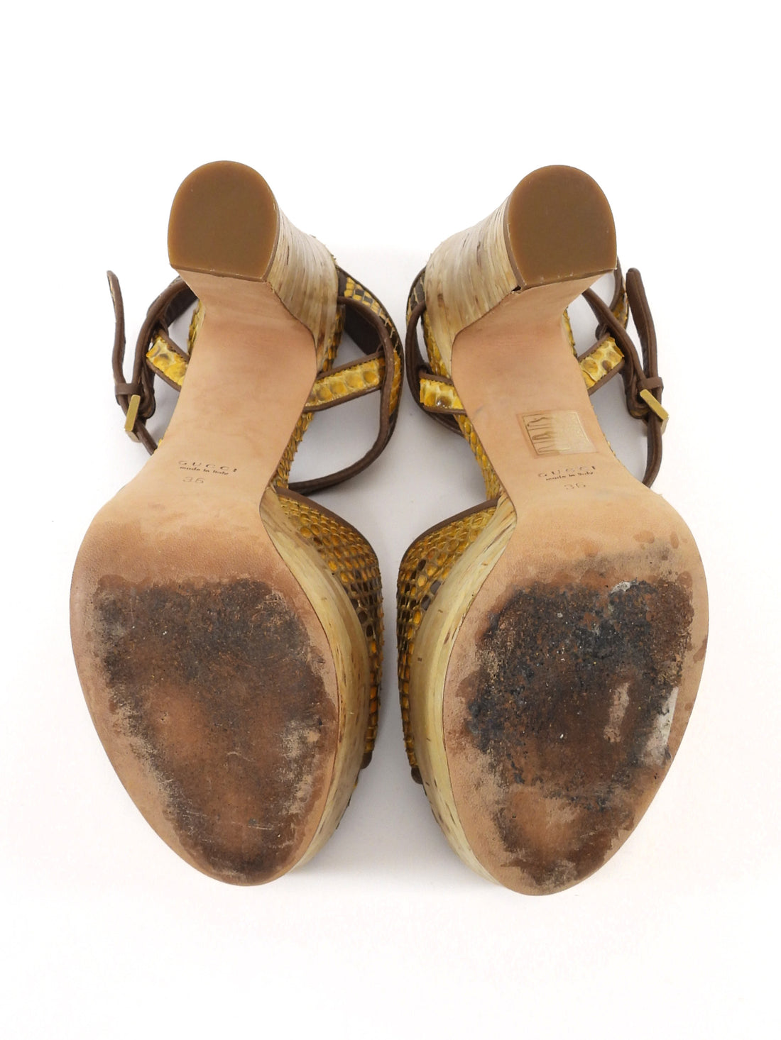 Gucci Yellow Python Stacked Wood Platform Block Heel Sandals - 36
