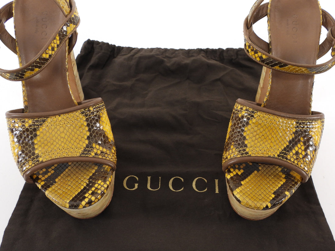 Gucci Yellow Python Stacked Wood Platform Block Heel Sandals - 36