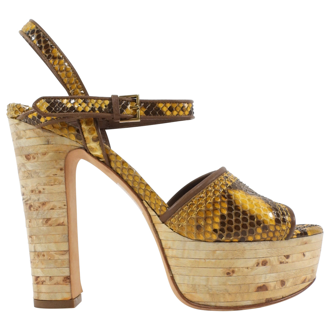 Gucci Yellow Python Stacked Wood Platform Block Heel Sandals - 36