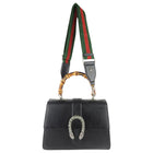 Gucci Black Grained Leather Crystal Dionysus Bamboo Top Handle Two Way Bag