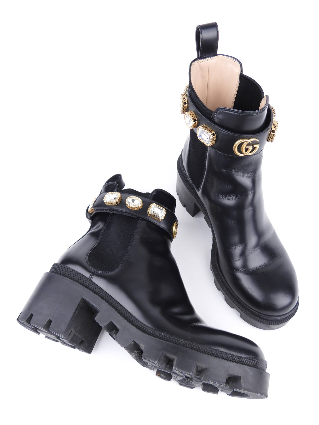 Gucci Black Leather Rhinestone Embellished Belt Chelsea Ankle Boot - 38