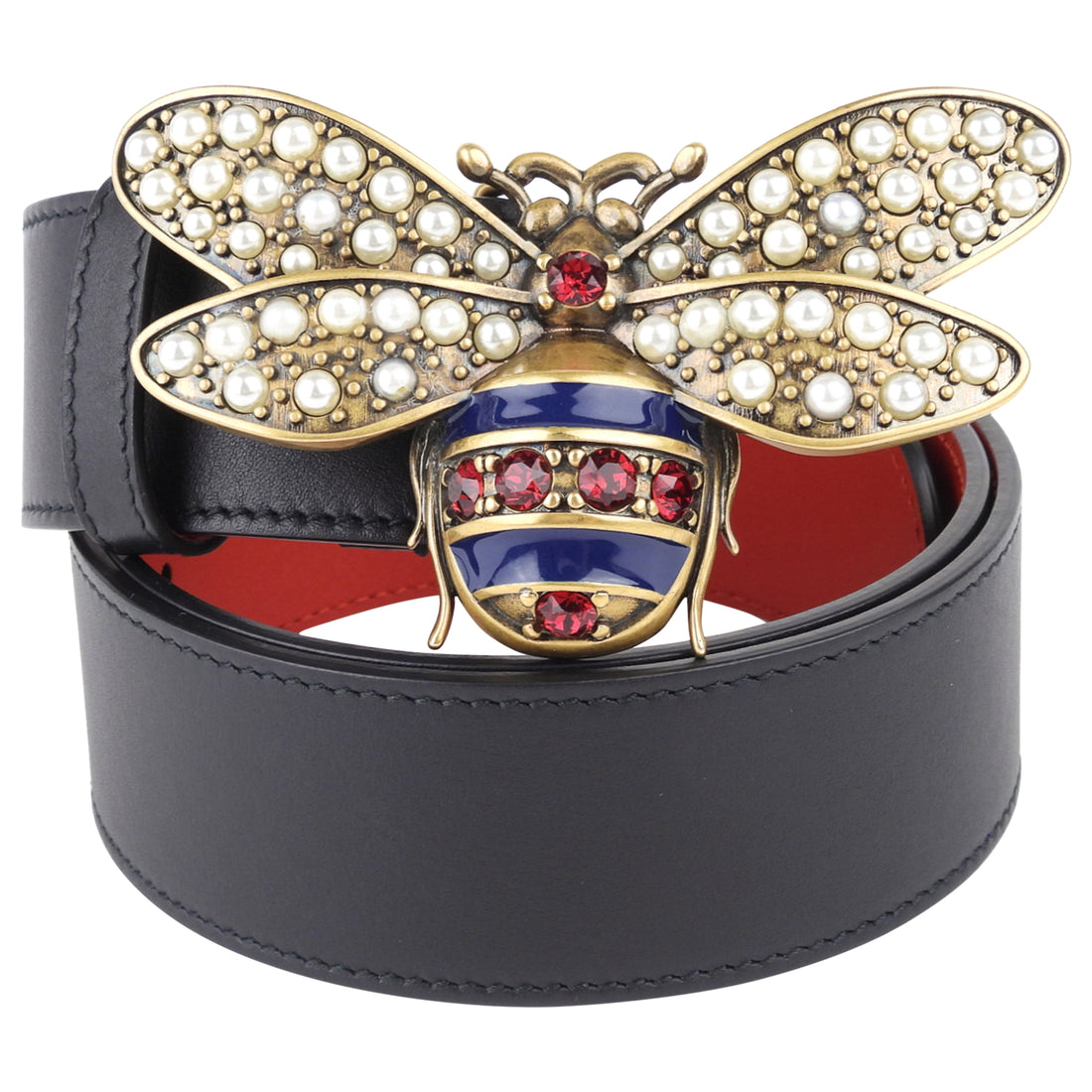 Gucci Black Calf Leather Rhinestone and Pearl Embellished Queen Margaret Bee Buckle Belt - 85 / 34