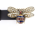 Gucci Black Calf Leather Rhinestone and Pearl Embellished Queen Margaret Bee Buckle Belt - 85 / 34