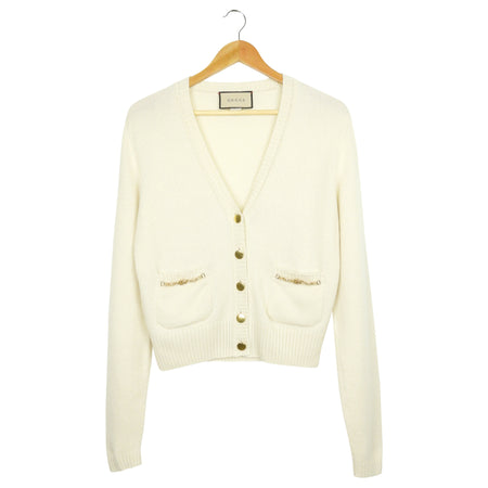 Gucci Cream Cashmere GG Chain Detail Knit Cardigan - XS