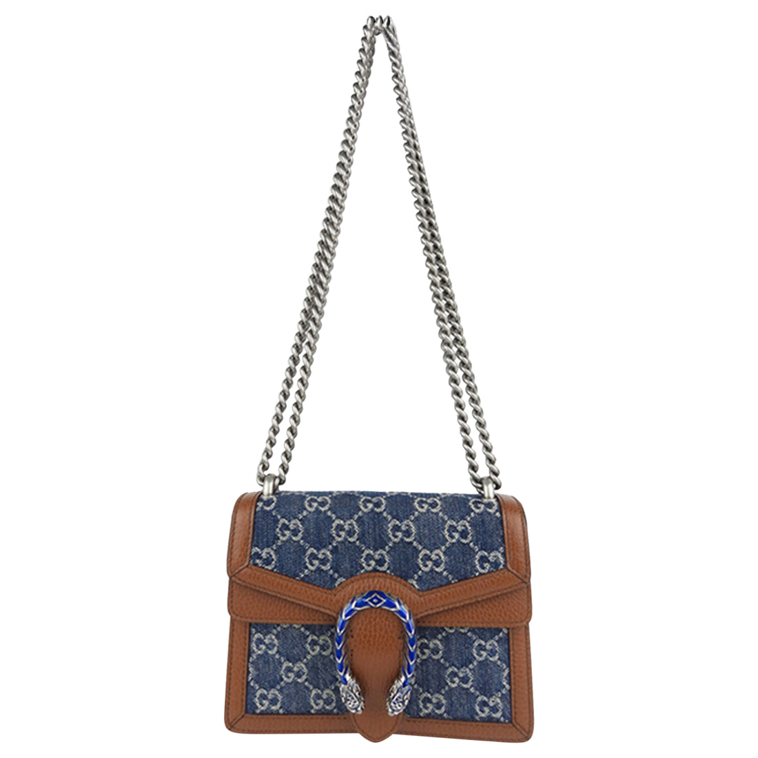 Gucci GG Monogram Denim and Brown Leather Mini Dionysus Chain Flap Crossbody Shoulder Bag