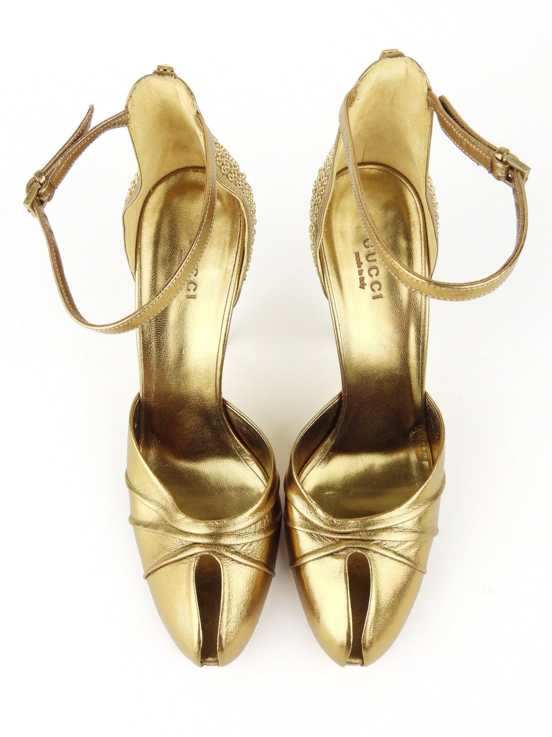 Gucci Gold Metallic Leather Studded Cone Heel Split Toe Pumps - 8
