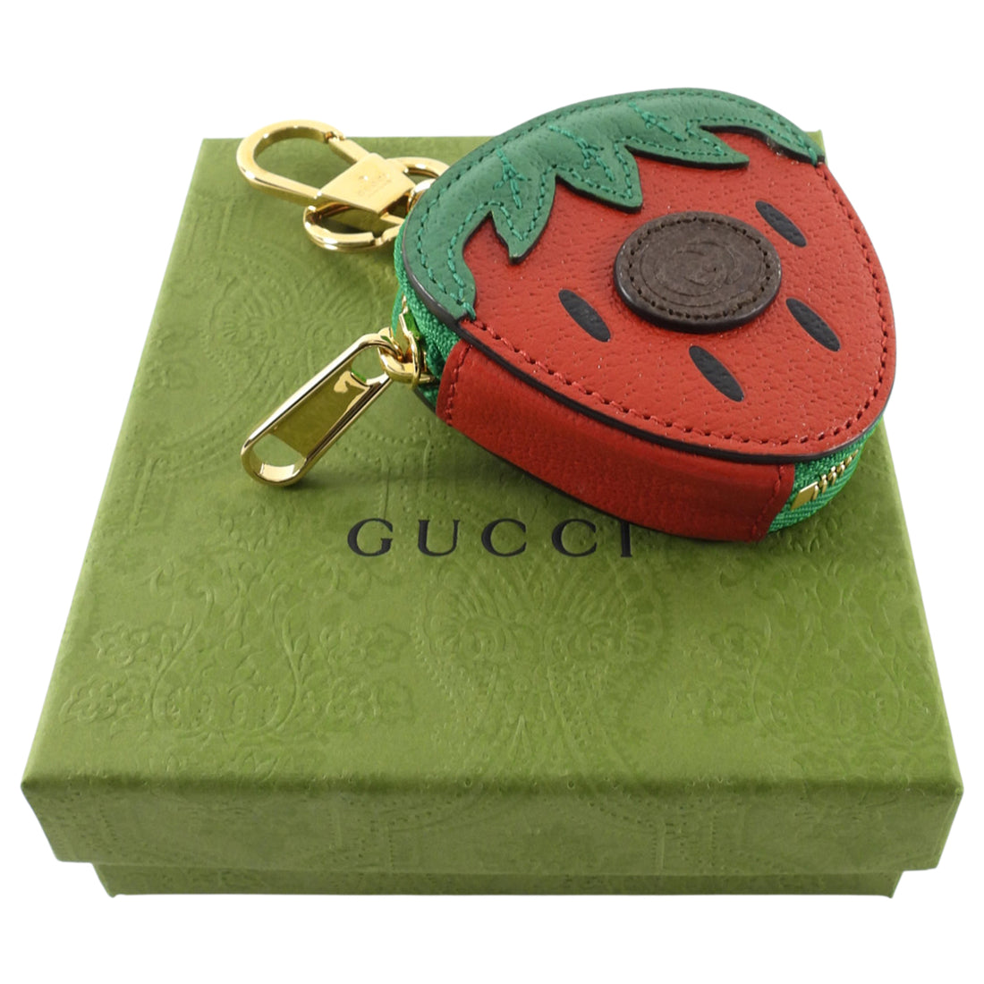 Gucci 2022 Fruttini Leather Strawberry Zip Coin Case Keyring Bag Charm