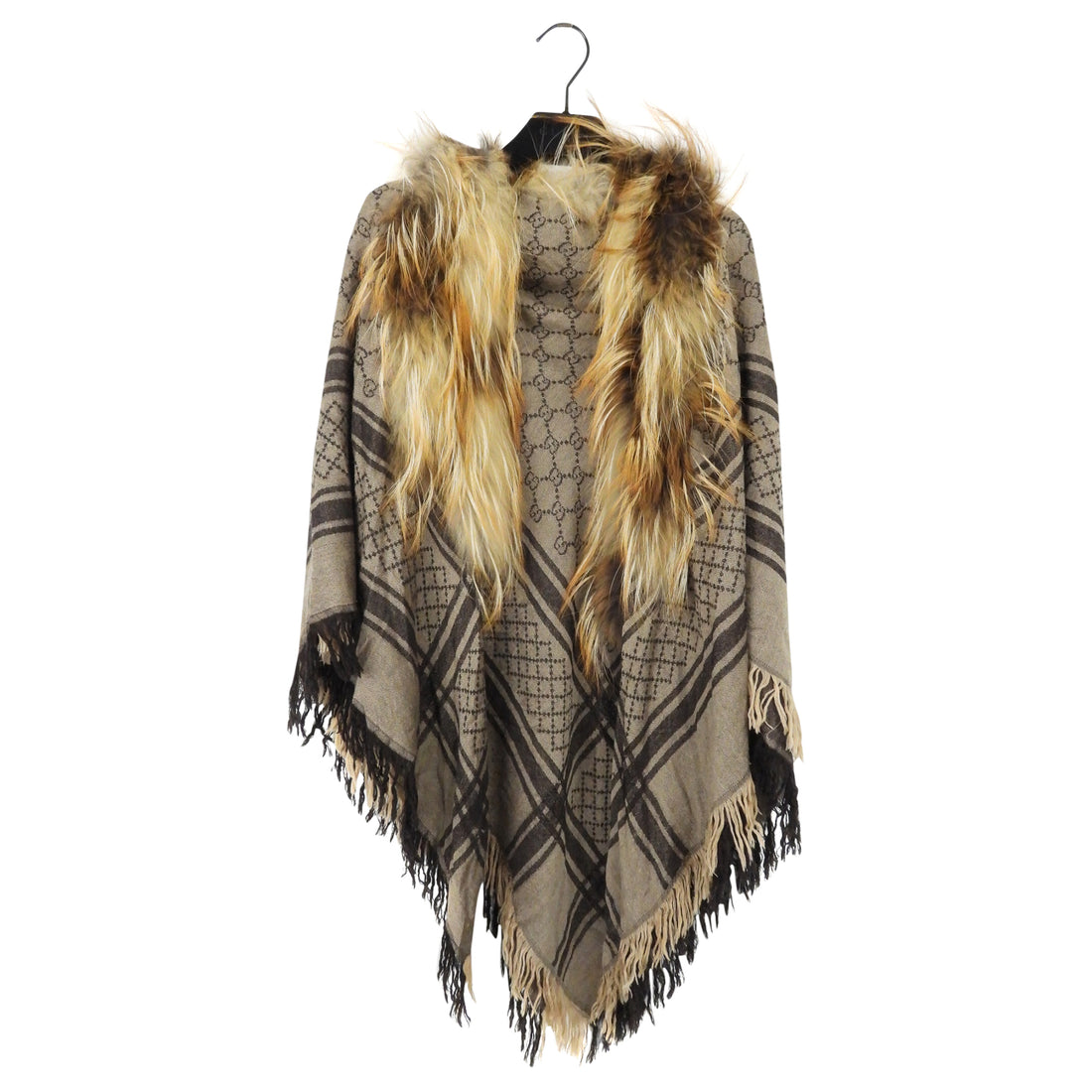 Gucci Vintage Brown Monogram Wool-Silk Blend and Fox Fur Trim
