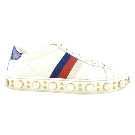 Gucci White Leather Metallic Red and Blue and Pearl Embellished Platform Sneakers - 37
