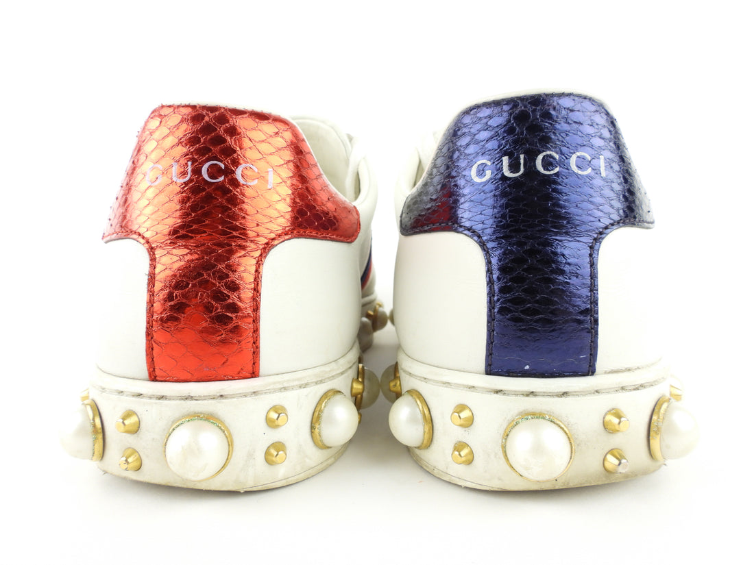 Gucci White Leather Metallic Red and Blue and Pearl Embellished Platform Sneakers - 37