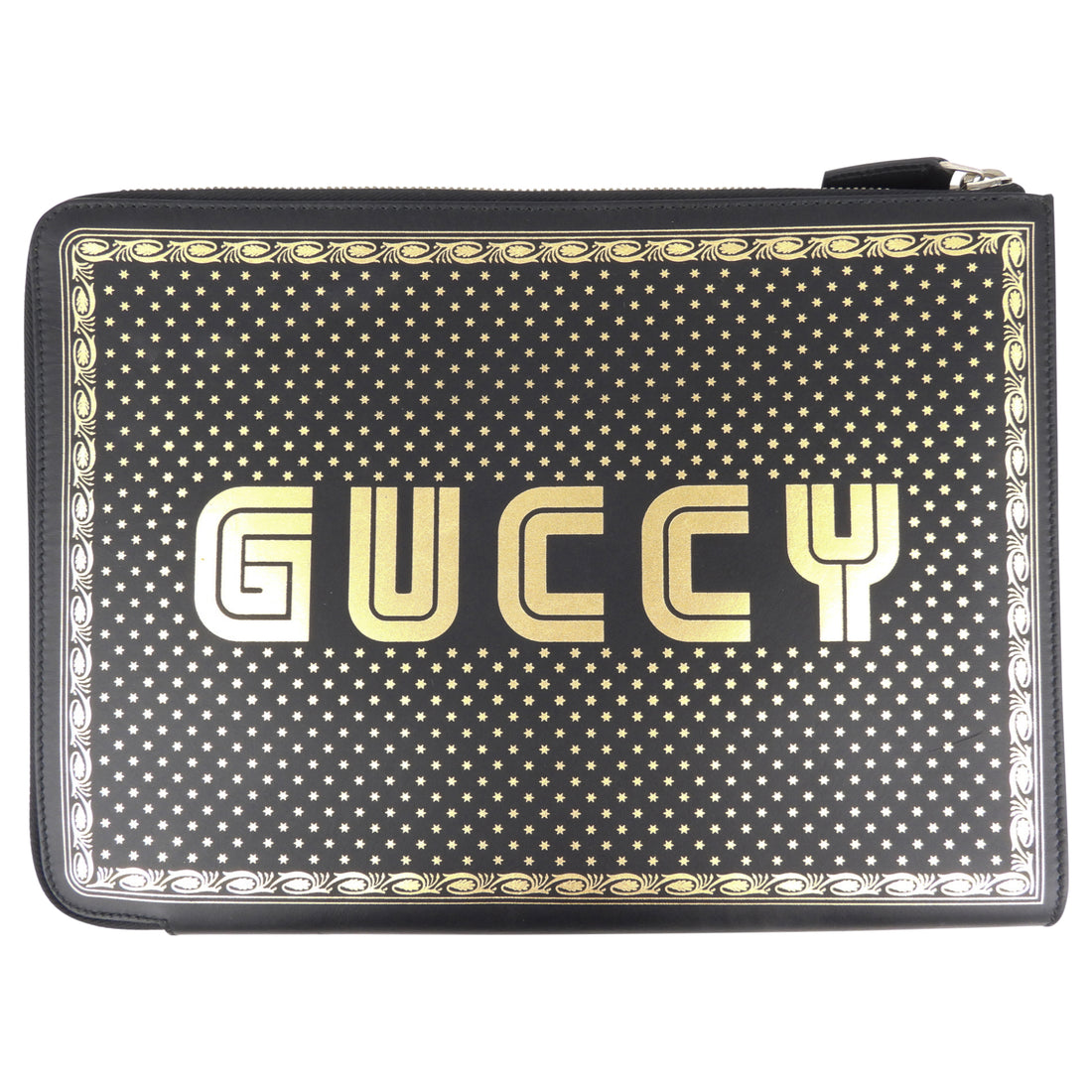 Gucci X SEGA Spring 2018 Black Leather Guccy Logo Moon and Stars Print Large Zip Pouch Clutch