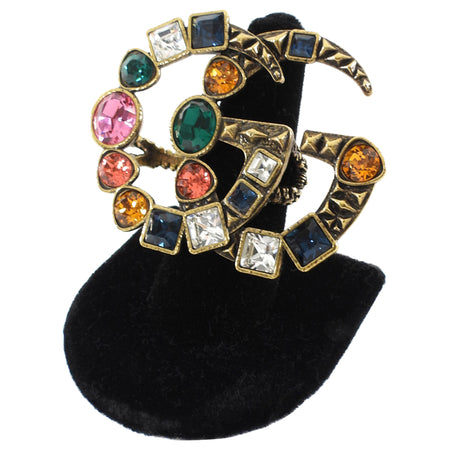 Gucci Aged Gold Multicolor Bijoux Double G Oversized Double Finger Ring - M
