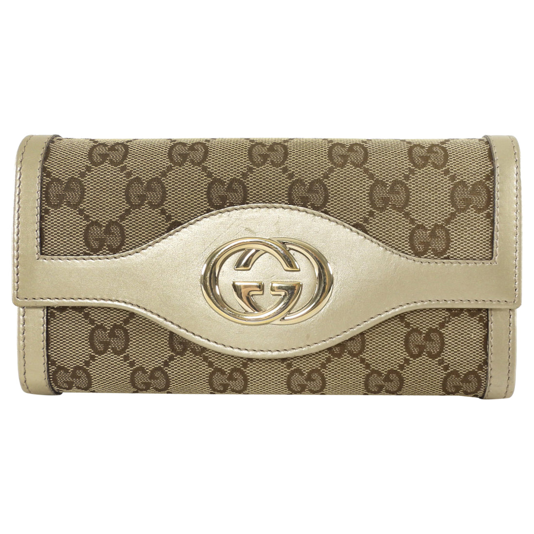 Gucci GG Monogram Canvas Metallic Taupe Leather Sukey Continental Wallet