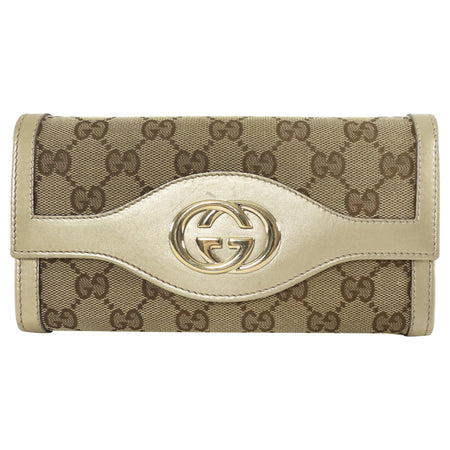 Gucci GG Monogram Canvas Metallic Taupe Leather Sukey Continental Wallet