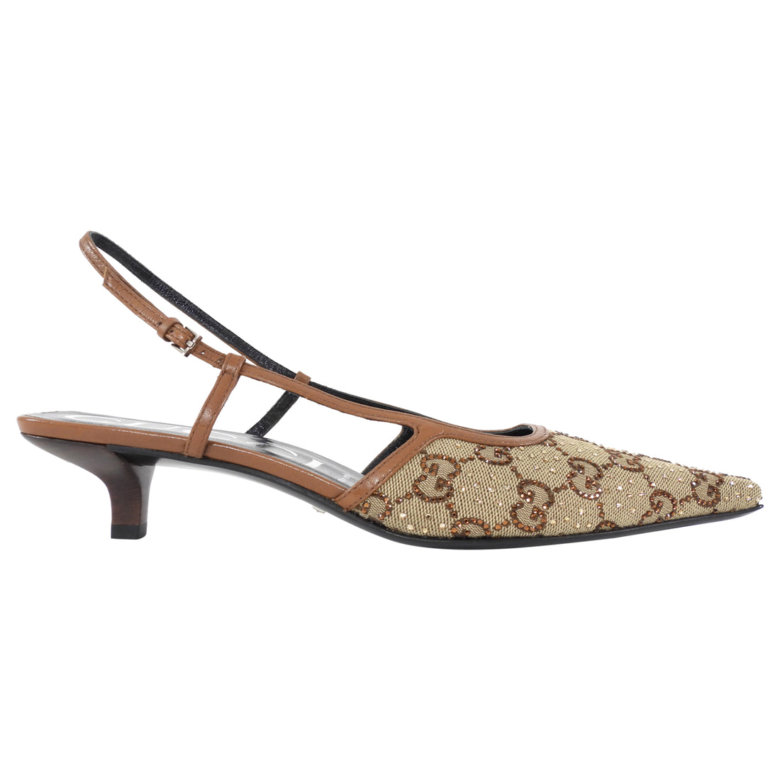 Gucci Woven Crystal Studded Sling Back Kitten Heels Brown - 39.5