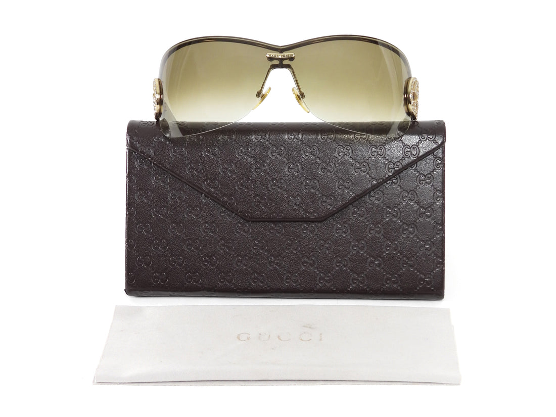 Gucci Brown Green Ombre Crystal GG Logo Shield Sunglasses GG4224