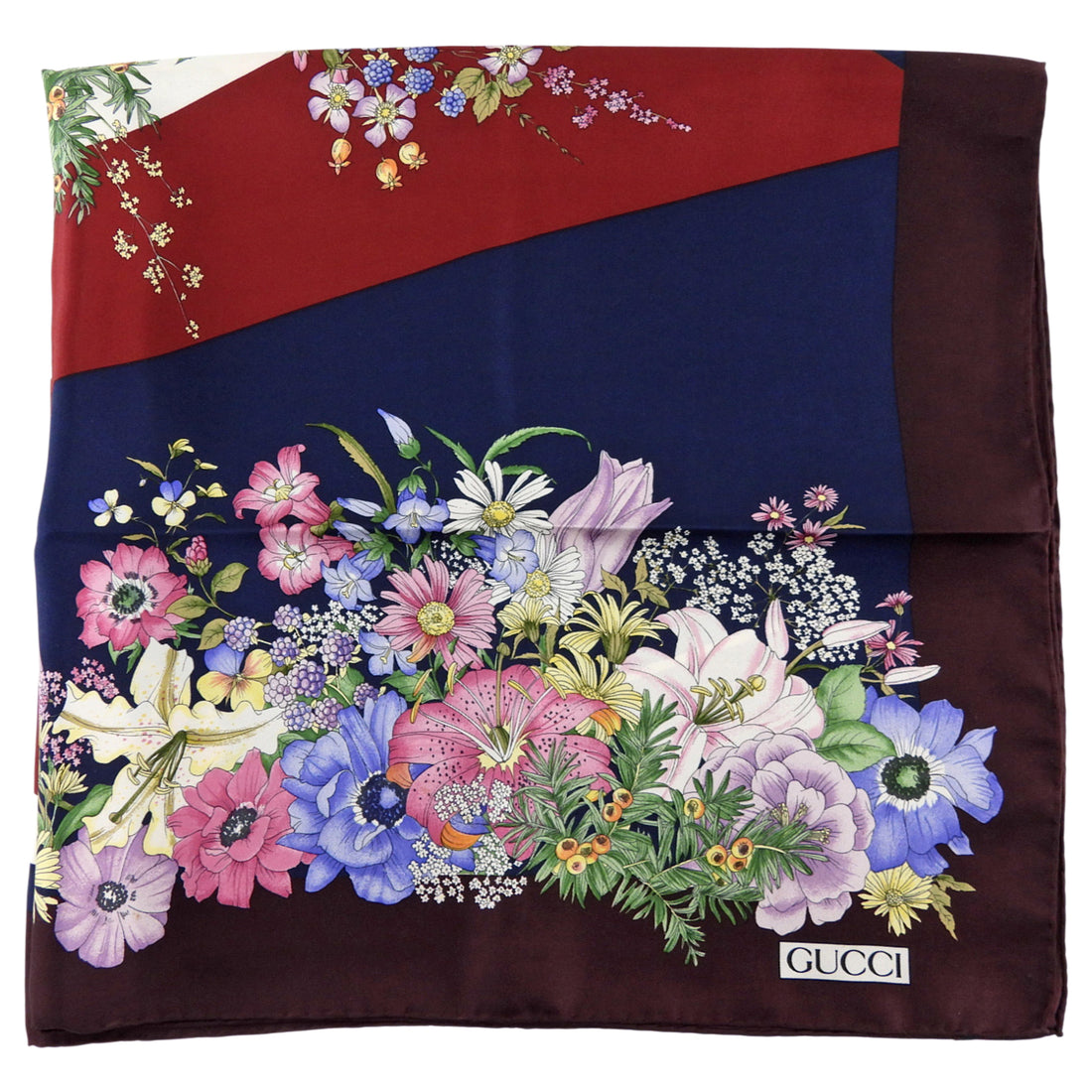 Gucci Vintage Plum and Navy Multicolor Floral Silk 90cm Scarf