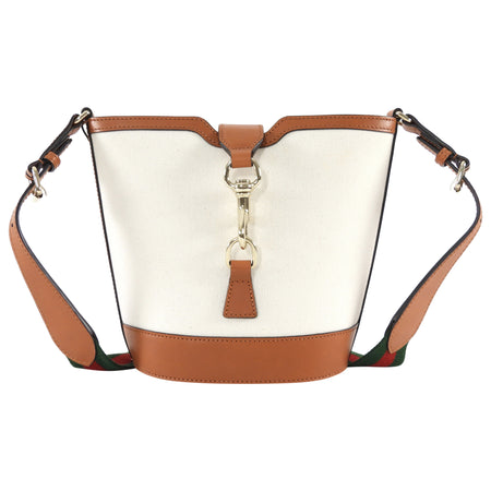Gucci Toile Canvas and Brown Calfskin Tritone Stripe Web Small Bucket Bag