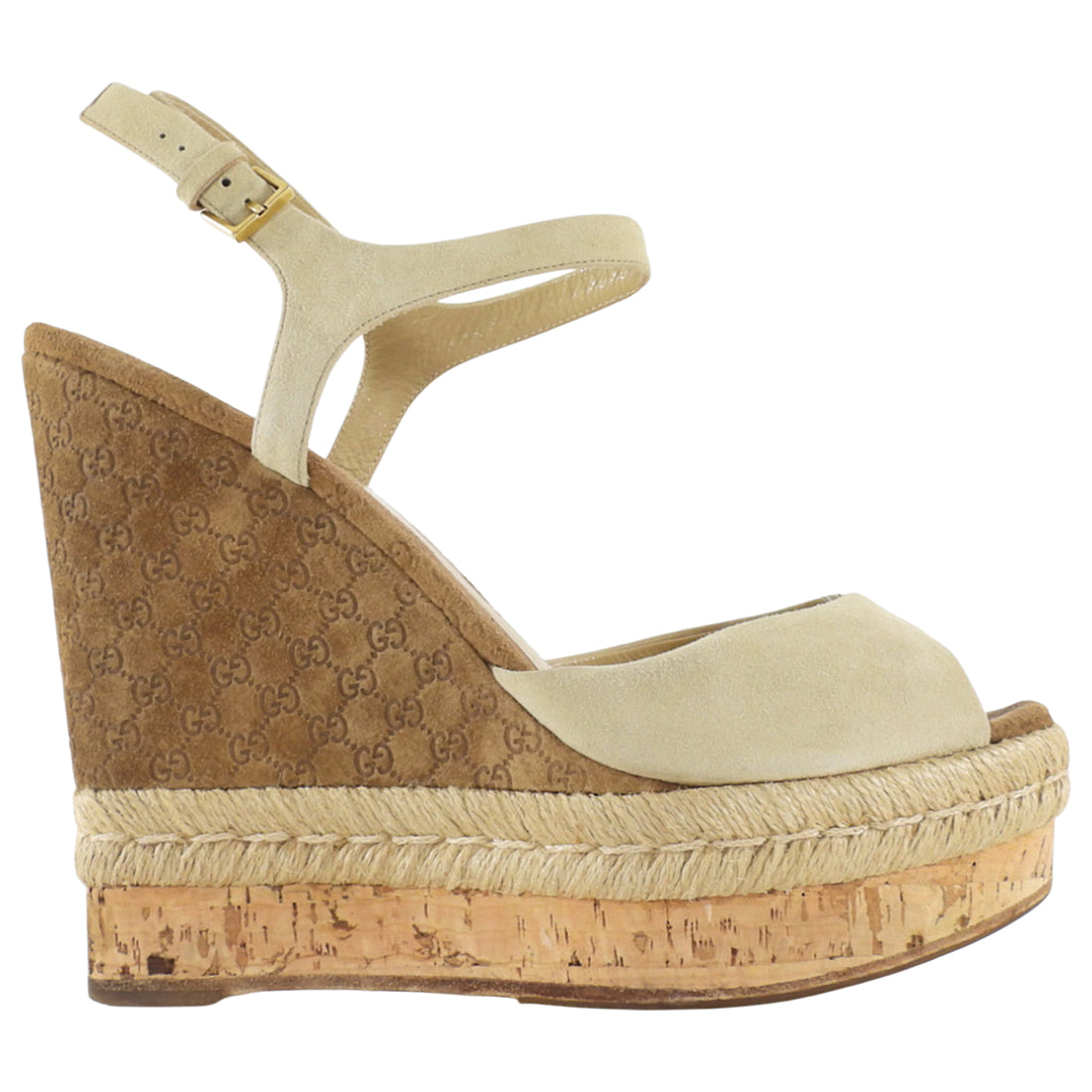 Gucci Beige Suede Monogram Espadrille Peep Toe Wedge Sandals- 39