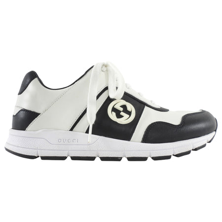 Gucci Black and White Calfskin Interlocking GG Low Top Sneakers - 37